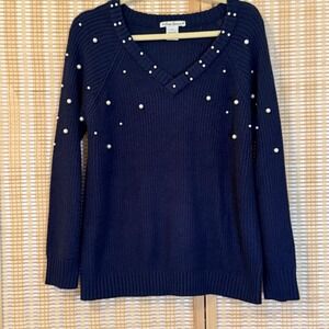 Dani Simone Womens L Sweater Faux Pearl Cable Knit Navy Party Office Career Y2K